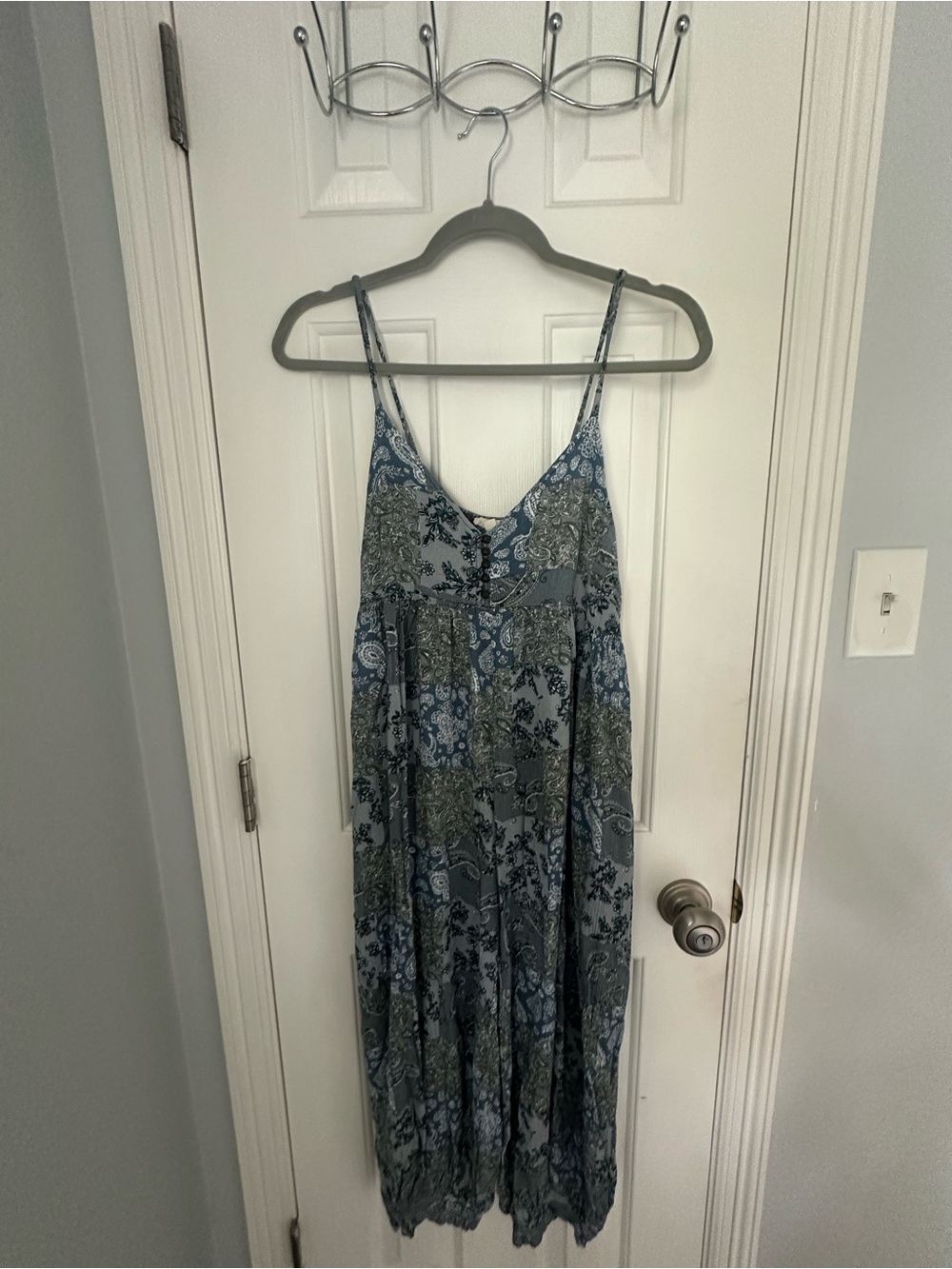 Bohemian Blue Paisley Patchwork Harem Jumpsuit with Spaghetti Straps